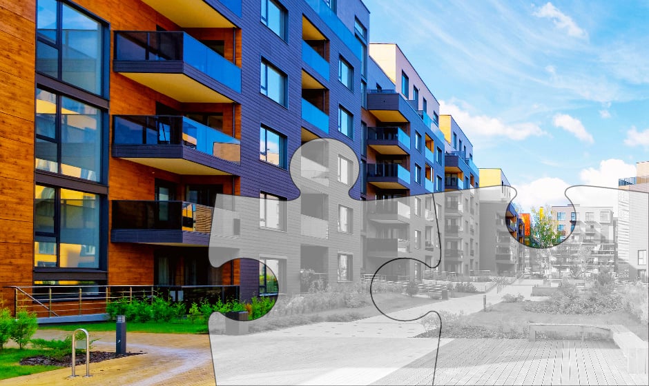 Partially completed puzzle overlay on a multifamily property, symbolizing the beginning of a tech-enabled transformation in risk management.
